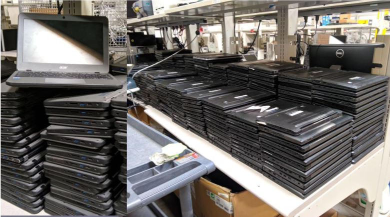 Chromebooks from a school system that are no longer usable. Image credit: Peter Mui